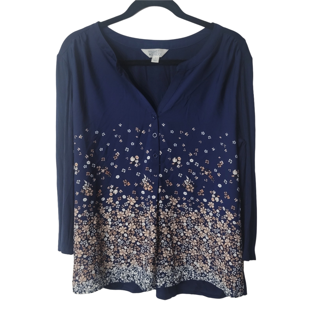 Market & Spruce Navy Blue Floral Blouse Size Large